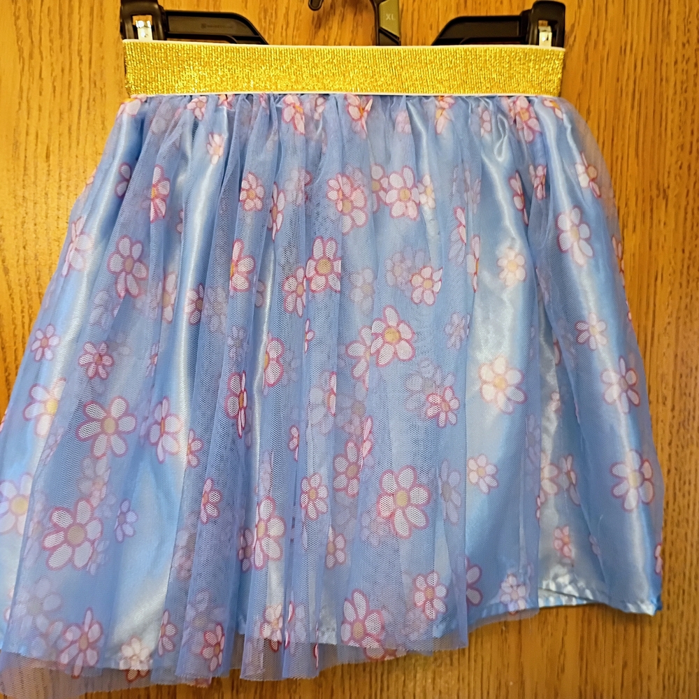 Gold Waistband Blue Floral Tulle Dance Skirt - Kids
